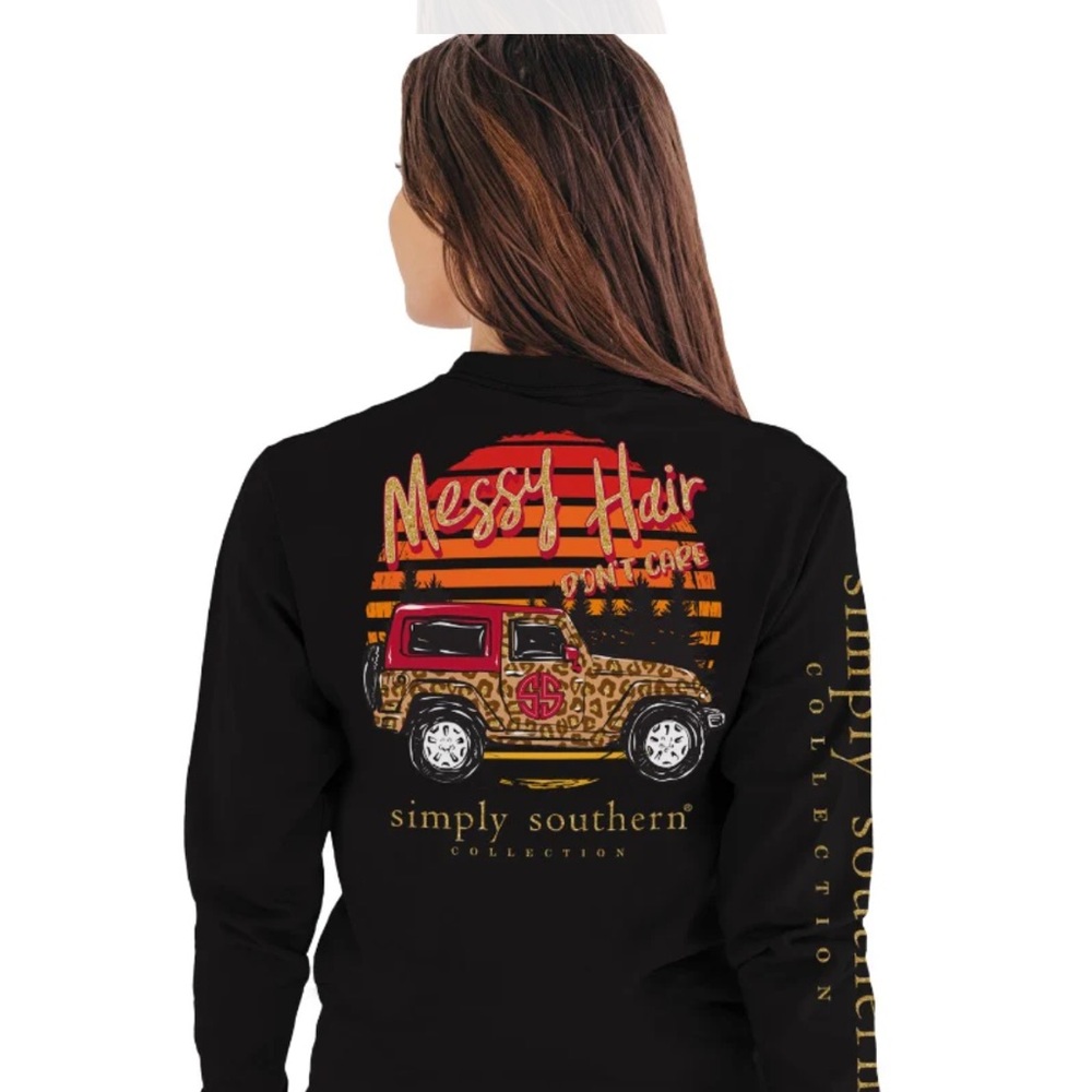 Simply Southern Messy Hair Don’t Care Animal Print Long Sleeved Tee. Size Large.